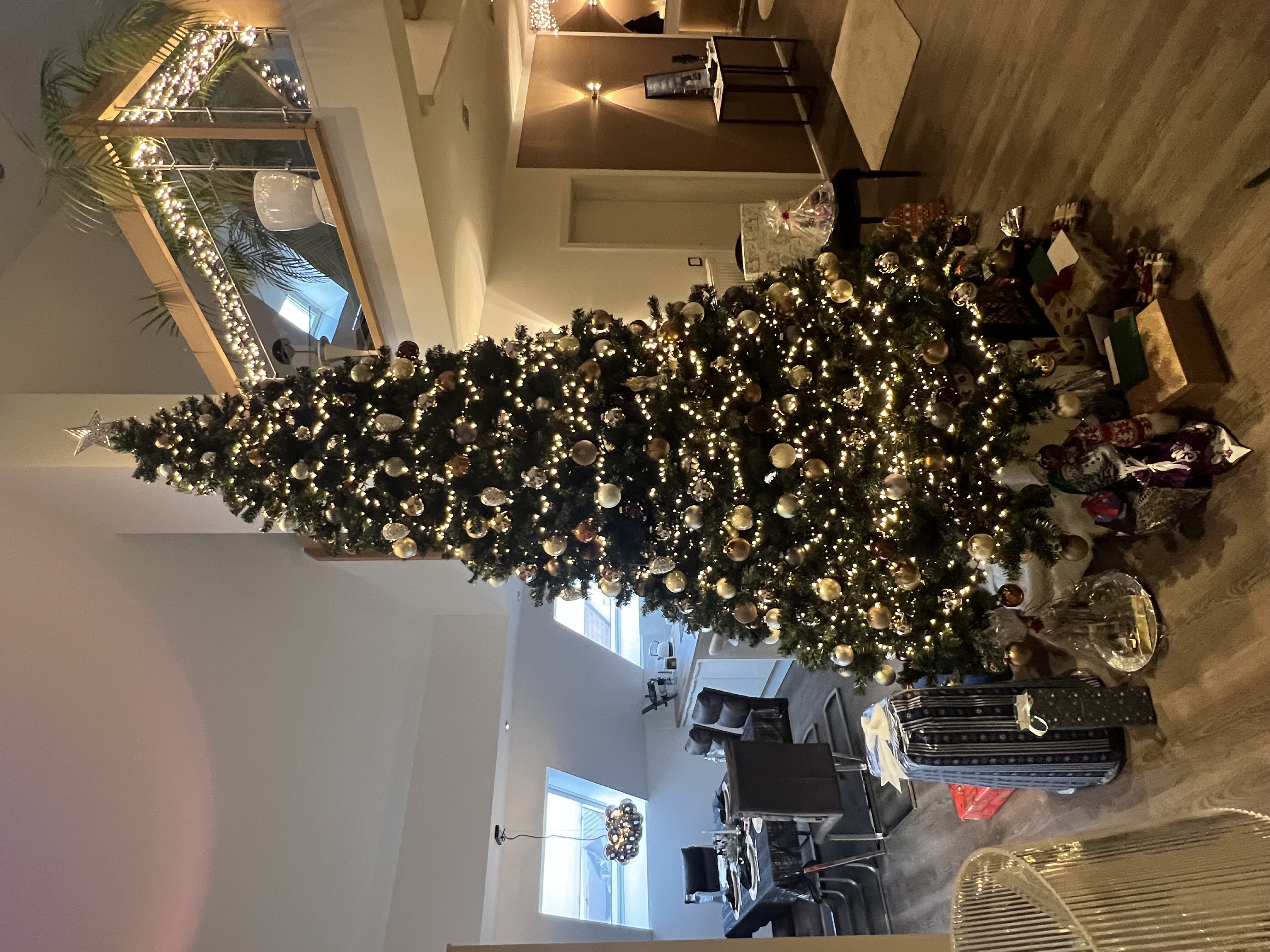 Ein großer Weihnachtsbaum in einer hellen, modernen Eingangshalle.